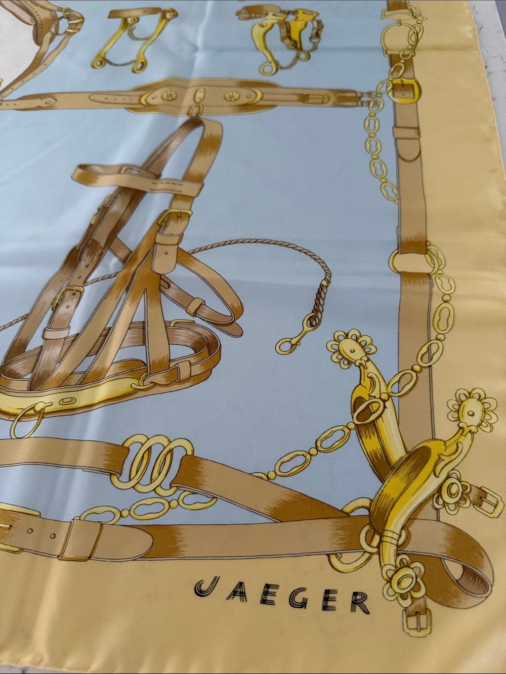 JAEGER Vintage Silk Equestrian Print Scarf in Pale Blue  Beige Gold